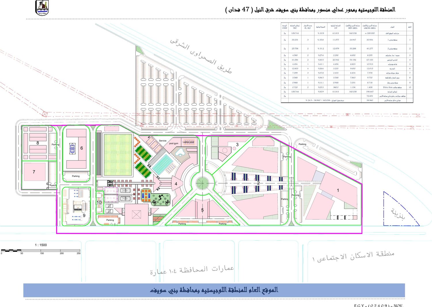 Site layout plan, scale 1:1500, with the numbered component schedule.