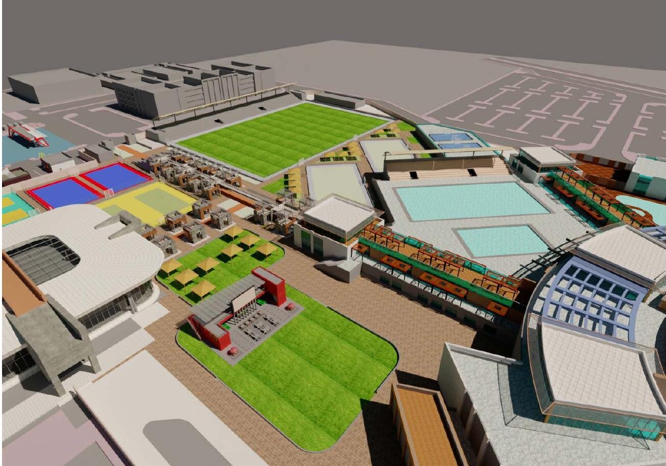 Aerial render: sports club, pitches, courts and pools.