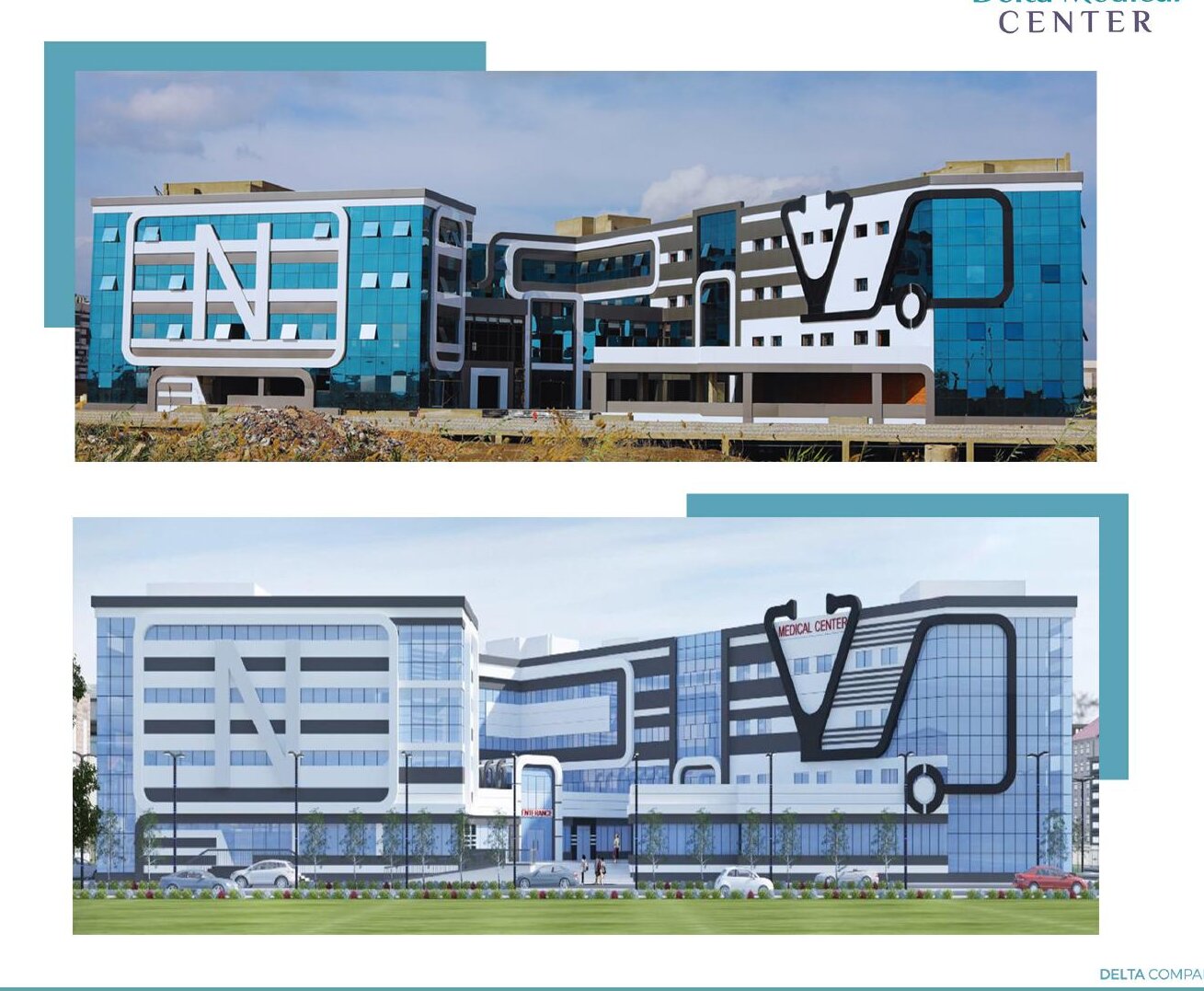 Construction photo and render: front and side elevations, Delta Center.