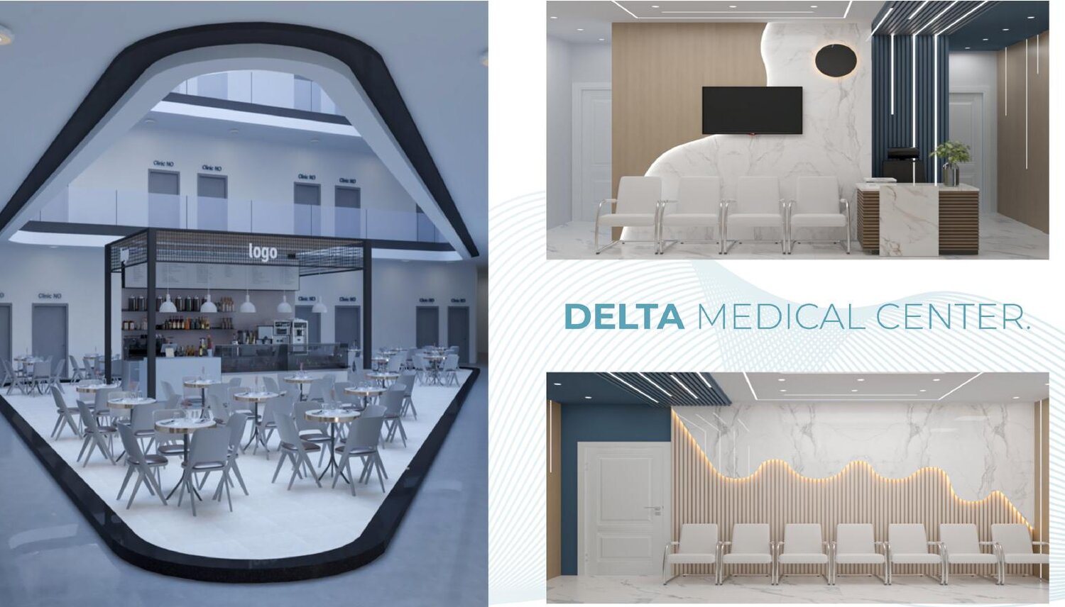 Interior renders: café, waiting area and reception desk, Delta Center.
