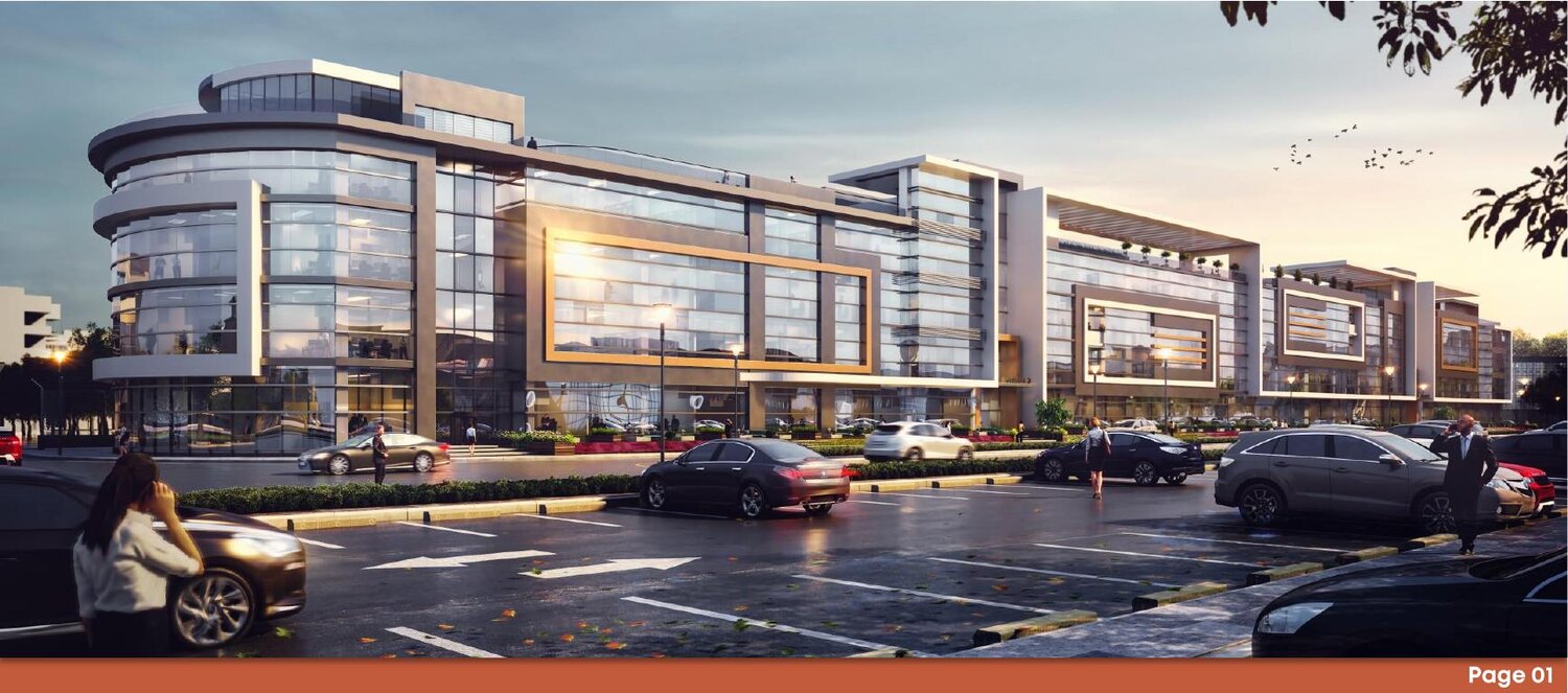 Exterior render: main elevation and forecourt parking, Delta Business Park.