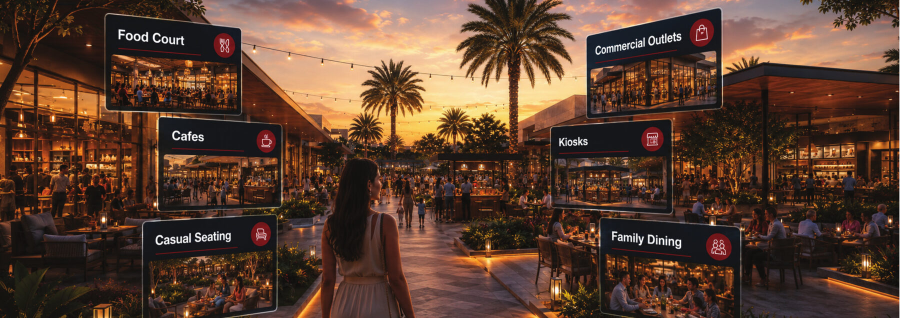 Food court and dining terrace at dusk.