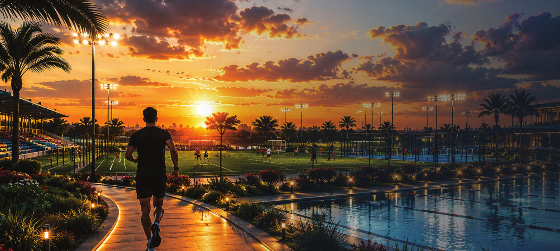 Evening view along the practice pitches and lap pool, from the club's July 2026 design deck.